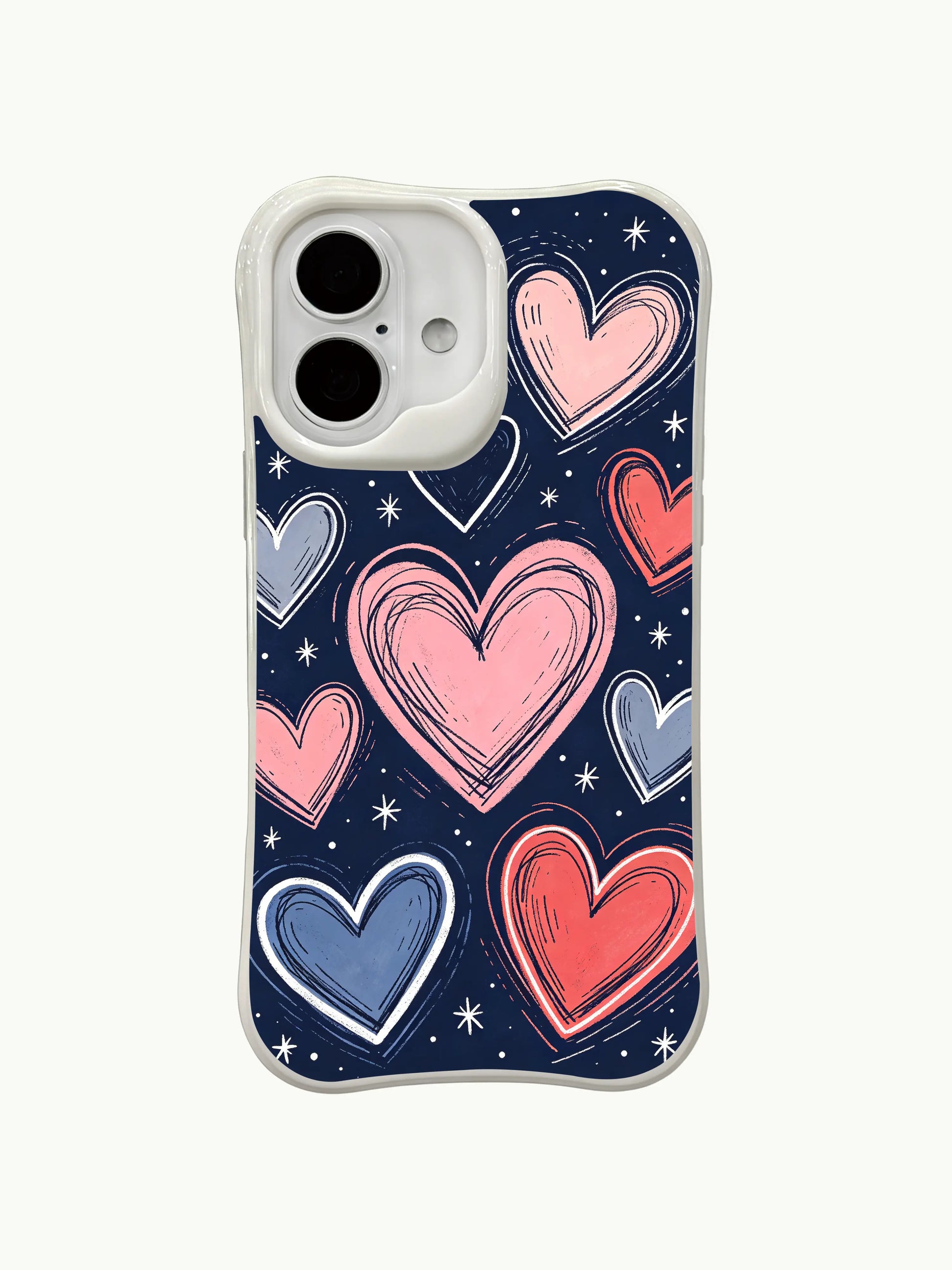 PhoneCasing sketchy pastel hearts iPhone 16 plus case, hand-drawn style with textured lines, unique and artistic design.