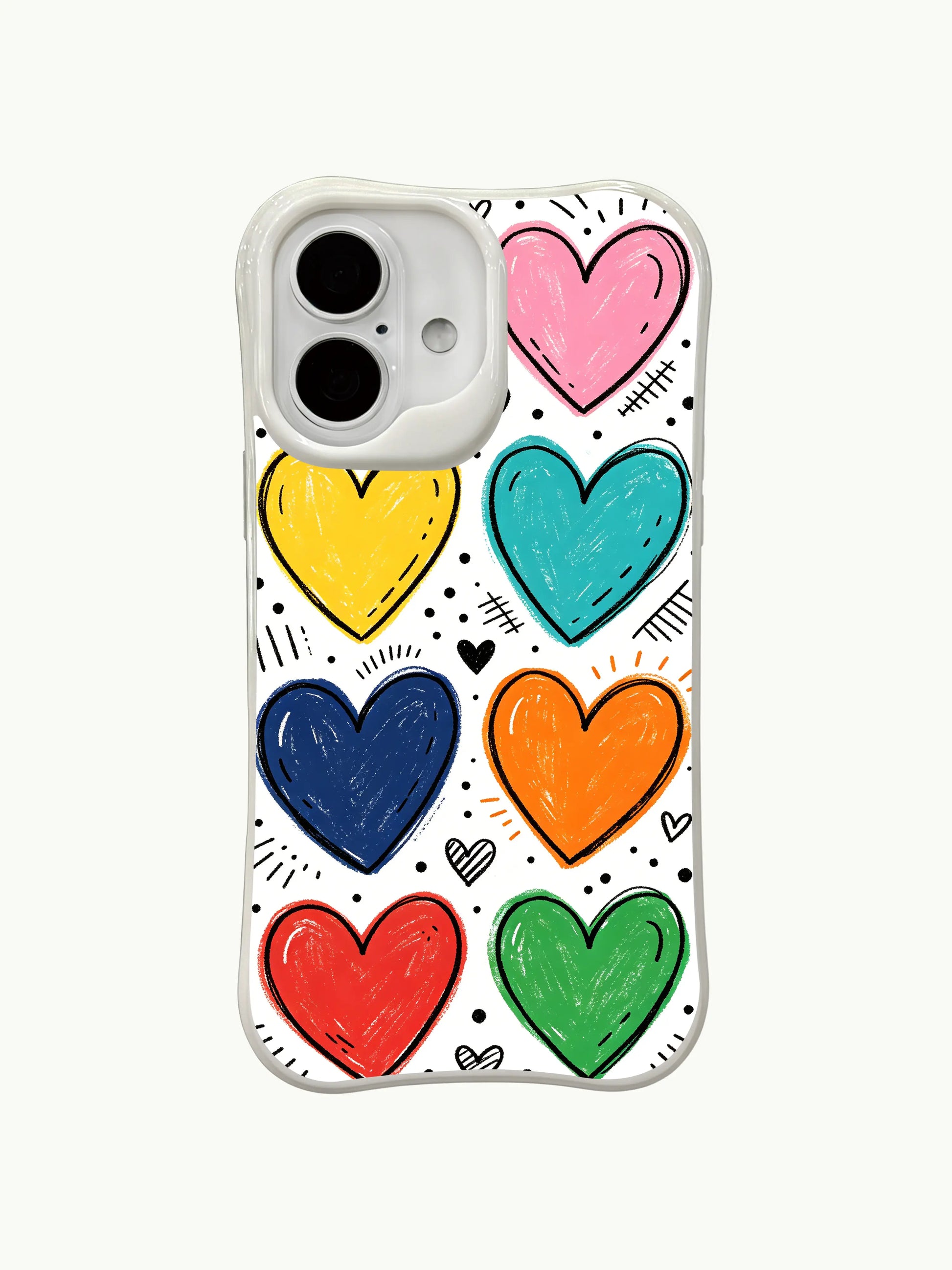 PhoneCasing Sketchy Vibrant Hearts Case for iPhone 16 Plus, a whimsical iPhone 16 plus casing with rainbow-colored hand-drawn hearts and textured lines.
