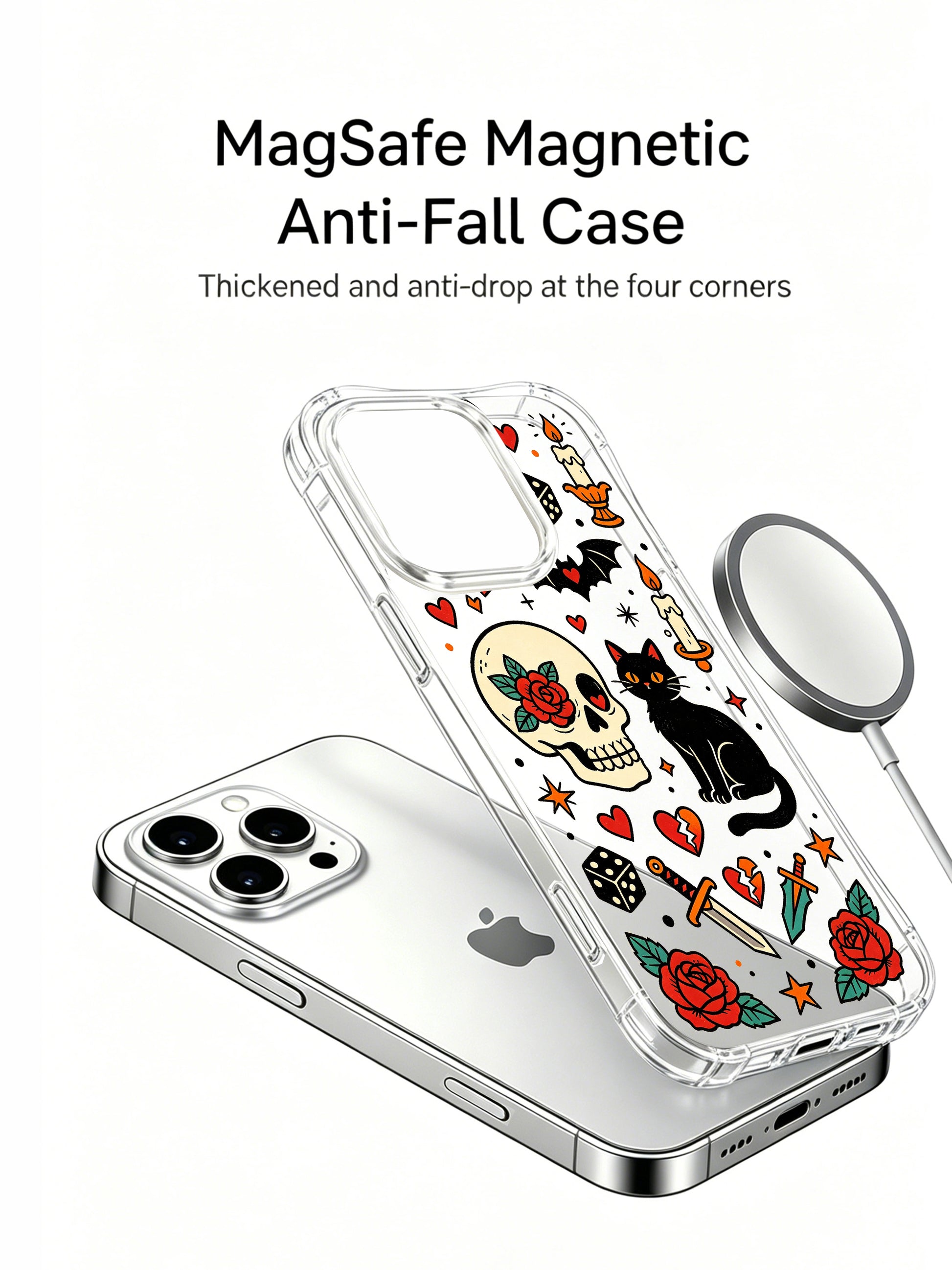 PhoneCasing iPhone 15 pro Case featuring skull with crossbones, sitting black cat, dual colorful dice and flying bat motifs, scratch-resistant glossy clear protective iPhone 15 pro casing for everyday daily use.
