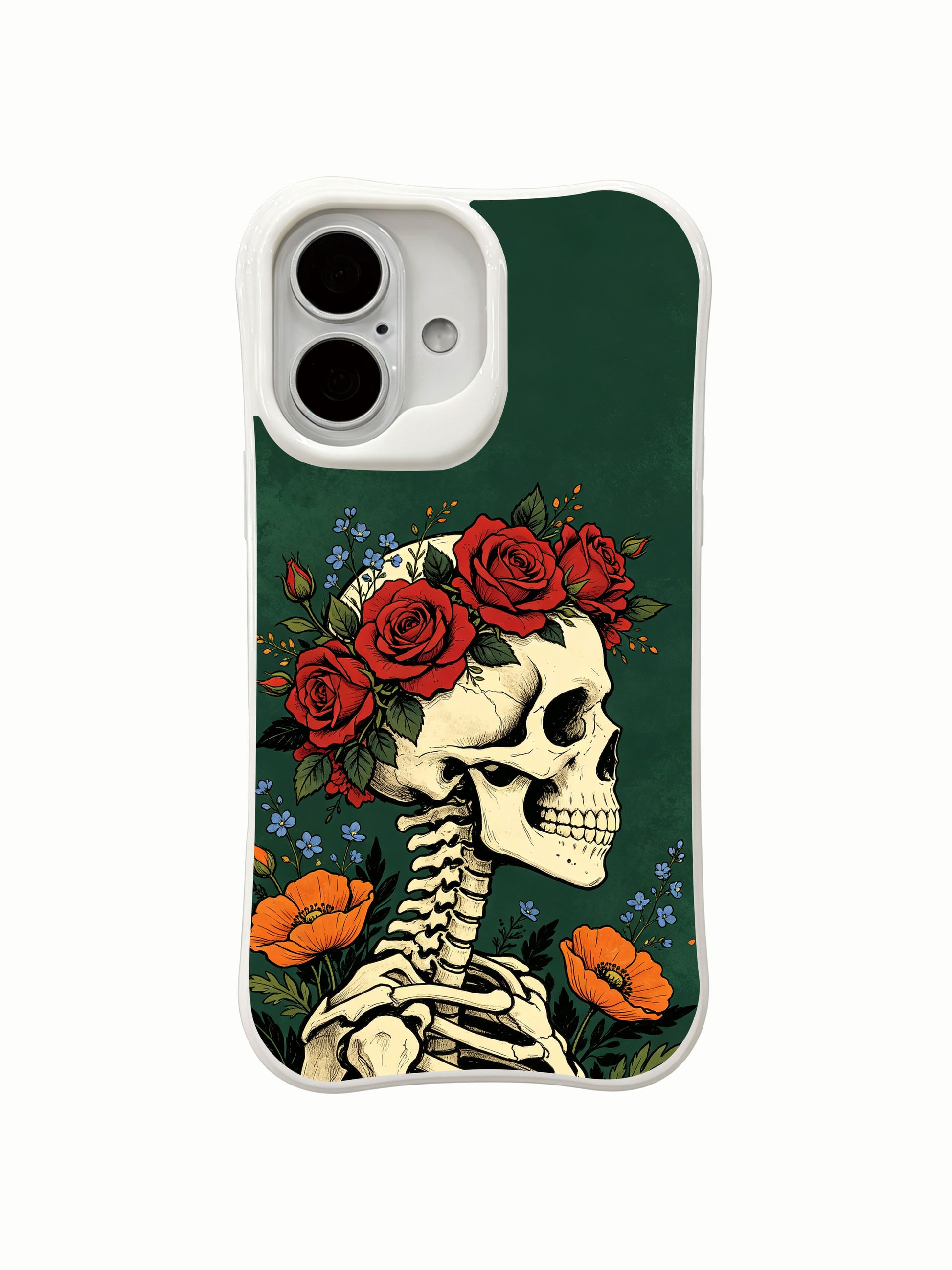 PhoneCasing Skull Crown Woodland skeleton iPhone 16 Case, abundant perennial flowers forming natural crown atop skeletal skull with vintage worn forest-green backdrop, fade resistant durable daily-use iPhone 16 casing