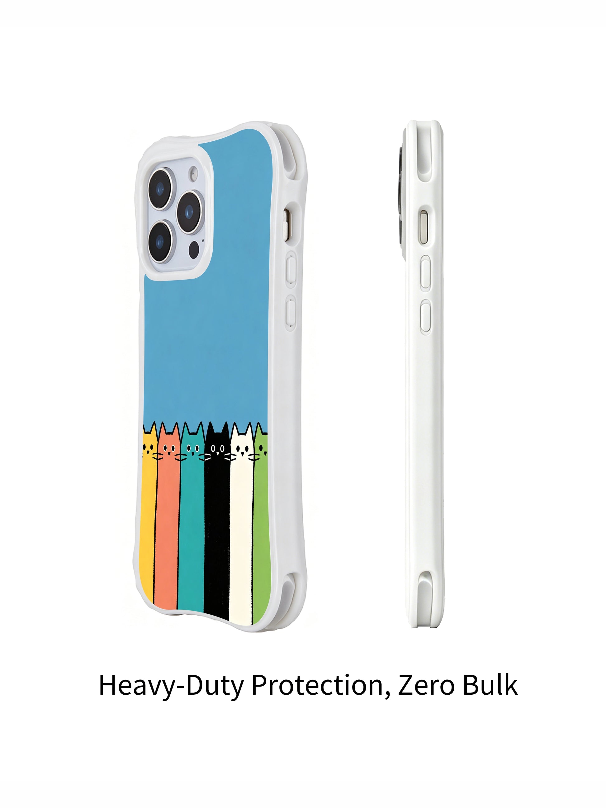 PhoneCasing iPhone 16 Pro Max with Sky Blue Kitten Line design, cute cats in soft hues standing together against a bright blue wall.