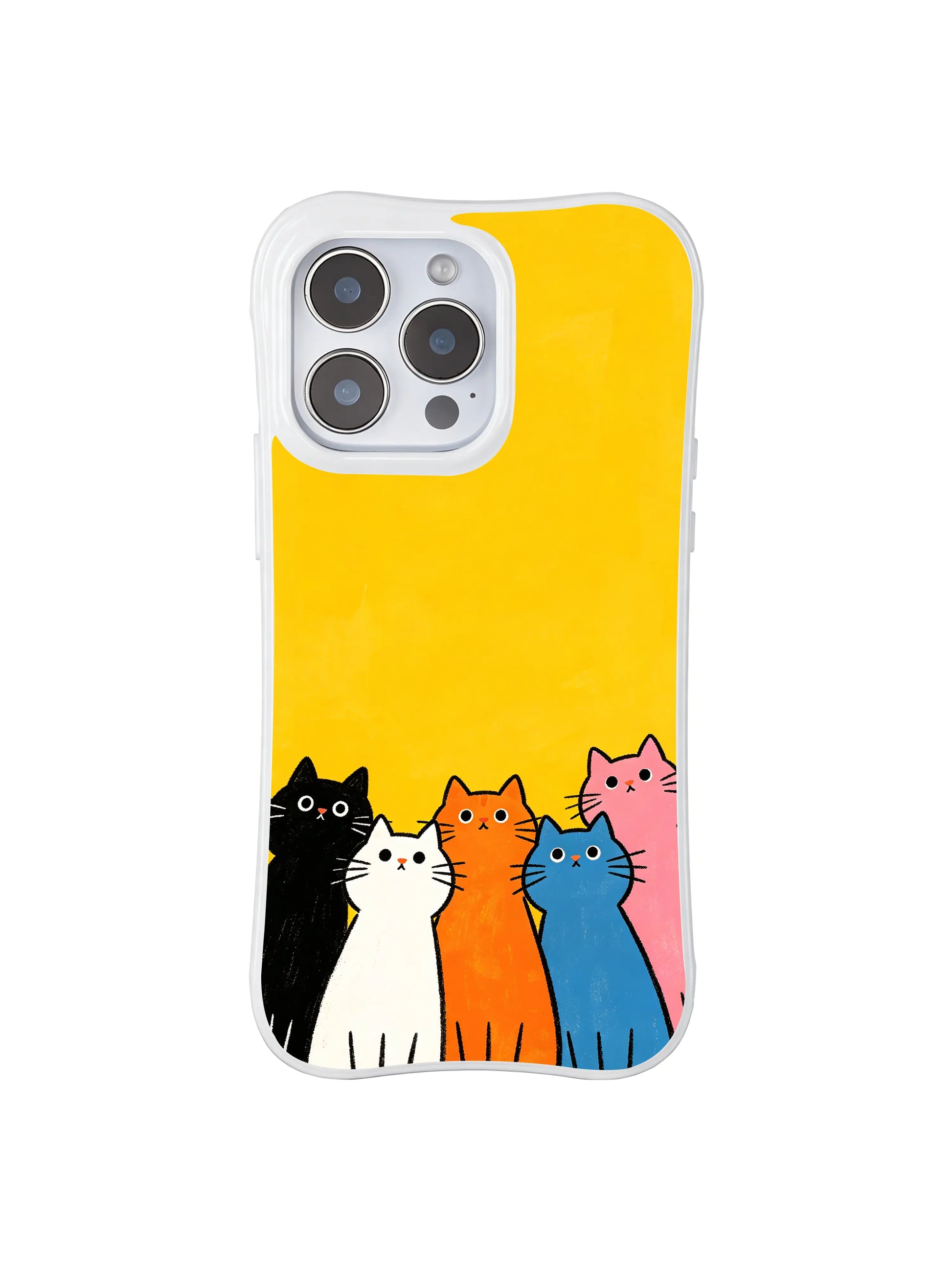 PhoneCasing iPhone 16 Pro Max with Skyward Cat Group print, colorful cats gathered together, sharing a moment of quiet hope under bright yellow.