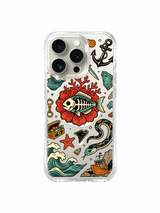 PhoneCasing iPhone 15 pro Case slanted vintage hilt dagger, offset orange scallop shell, bursting coral petals around adventure-themed skull fish, scratch-proof transparent iPhone 15 pro casing.
