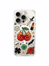 PhoneCasing iPhone 15 pro Case slanted vintage dagger, two contrasting winged accents and sparse dotted stars framing flaming cherries, scratch-resistant transparent iPhone 15 pro casing.
