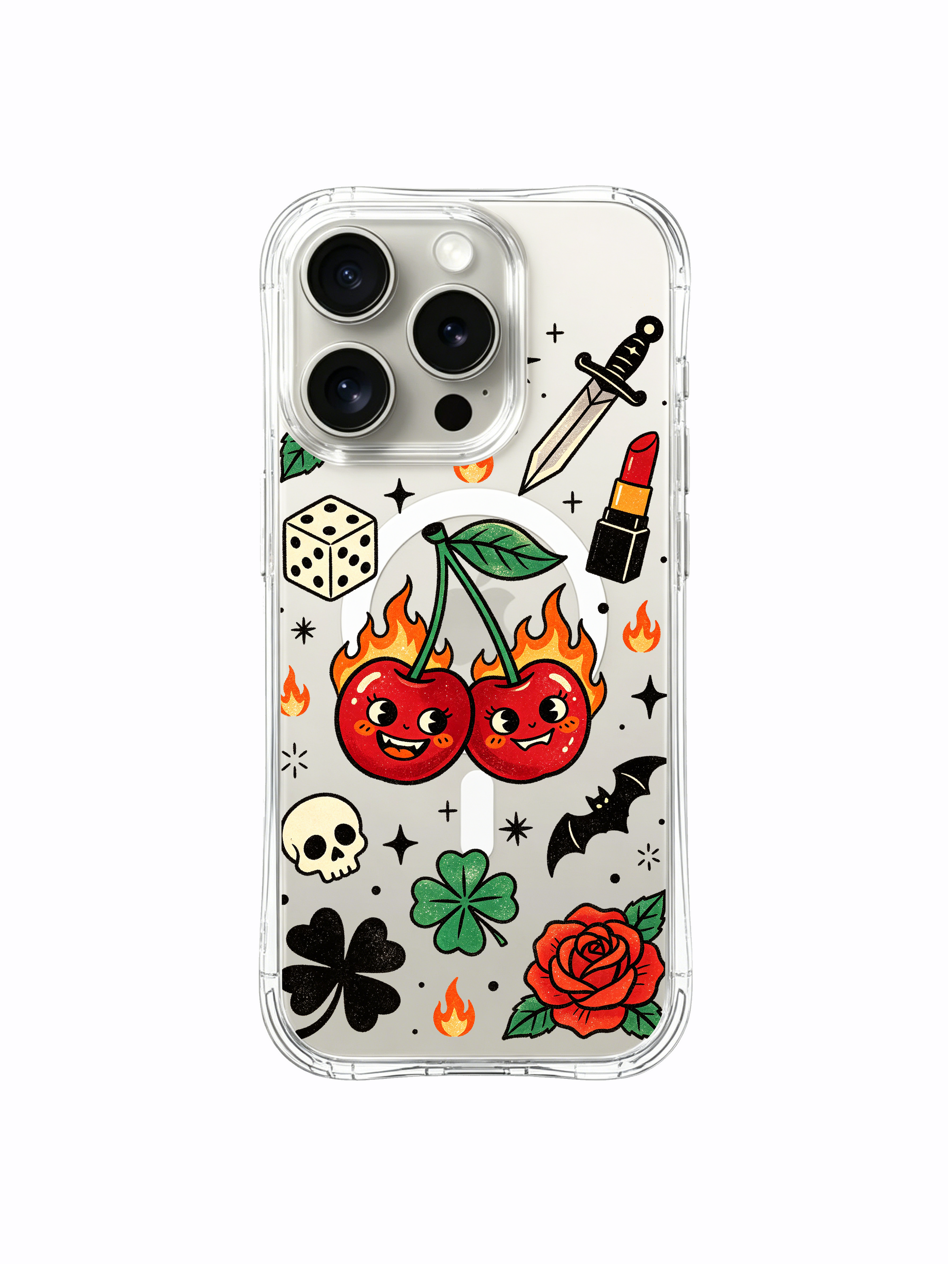 PhoneCasing iPhone 15 pro Case slanted vintage dagger, two contrasting winged accents and sparse dotted stars framing flaming cherries, scratch-resistant transparent iPhone 15 pro casing.
