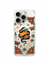 PhoneCasing iPhone 15 pro Case slanted vintage dagger, two contrasting butterflies and sparse dotted stars framing citrus snake, scratch-resistant transparent iPhone 15 pro casing.