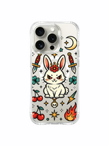 PhoneCasing iPhone 15 pro Case slanted vintage hilt dagger, offset four-leaf clover, bursting flower petals around free-will themed rebel bunny, scratch-proof transparent iPhone 15 pro casing.