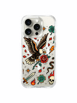 Eagle with slanted dagger, clover and petals artwork on an iPhone 15 Pro case