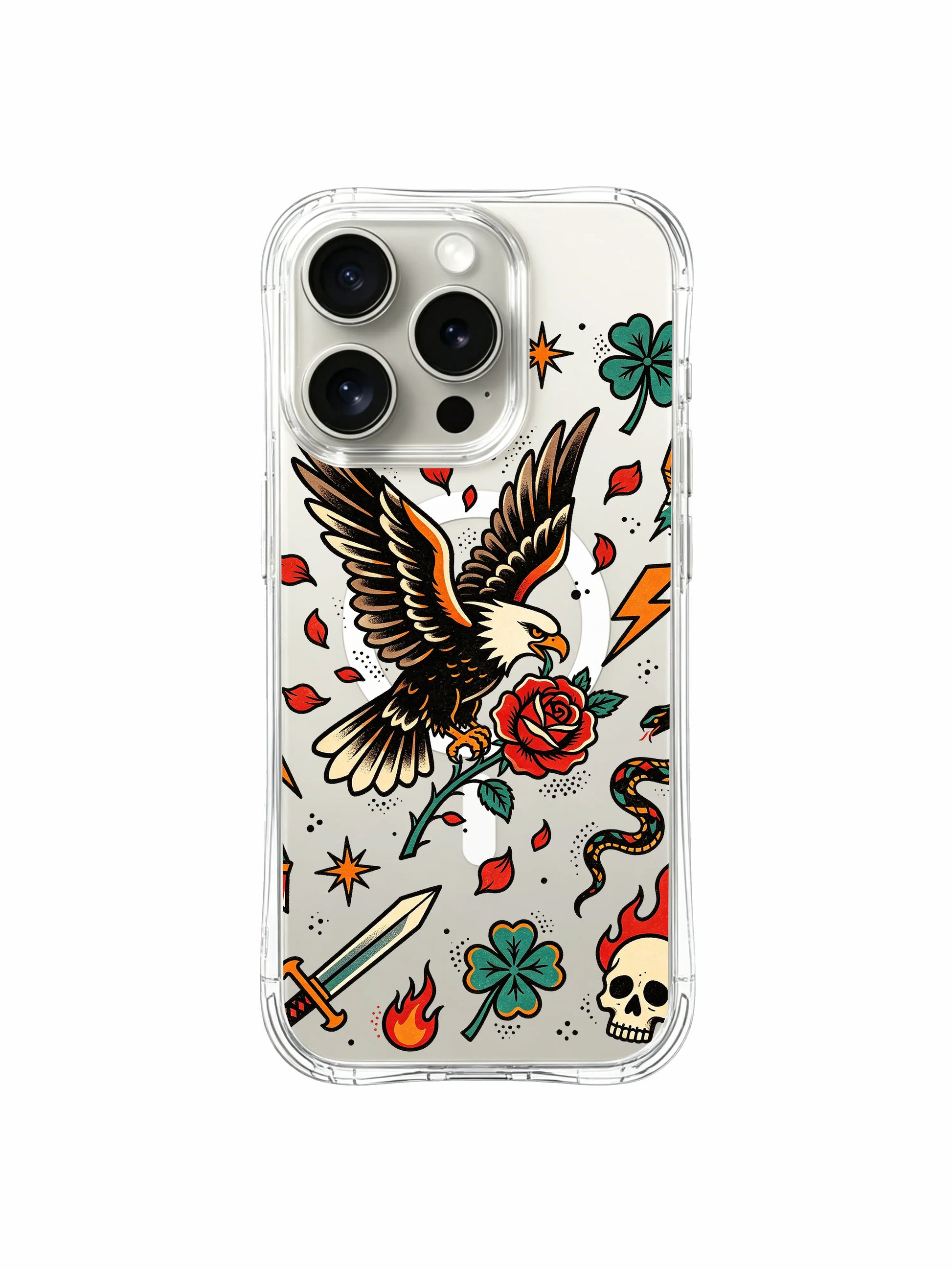 PhoneCasing iPhone 15 pro Case slanted angled vintage dagger, side green shamrock, bursting rose petals around eagle & snake, scratch-proof transparent iPhone 15 pro casing.