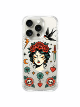 Woman with slanted dagger, swallow and rose petals artwork on an iPhone 15 Pro case