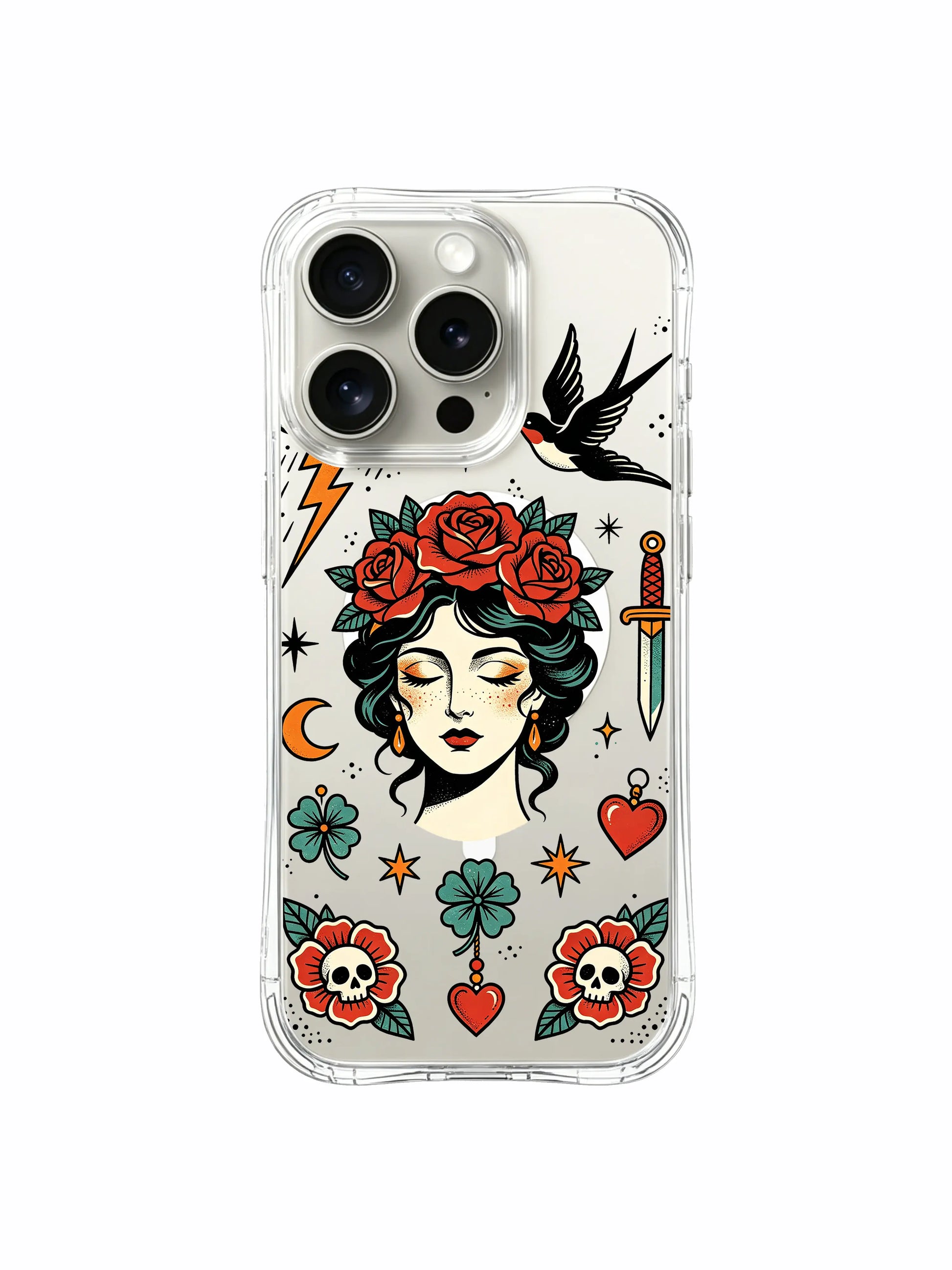 PhoneCasing iPhone 15 pro Case slanted vintage dagger, offset flying swallow, bursting rose petals around inner-strength themed storm lady, scratch-proof transparent iPhone 15 pro casing.