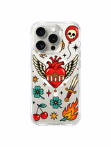 PhoneCasing iPhone 15 pro Case slanted vintage hilt dagger, offset tiger claw, bursting flower petals around freedom-themed circus heart, scratch-proof transparent iPhone 15 pro casing.