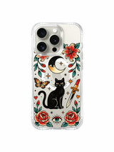 Black cat with slanted dagger, butterflies and roses artwork on an iPhone 15 Pro case