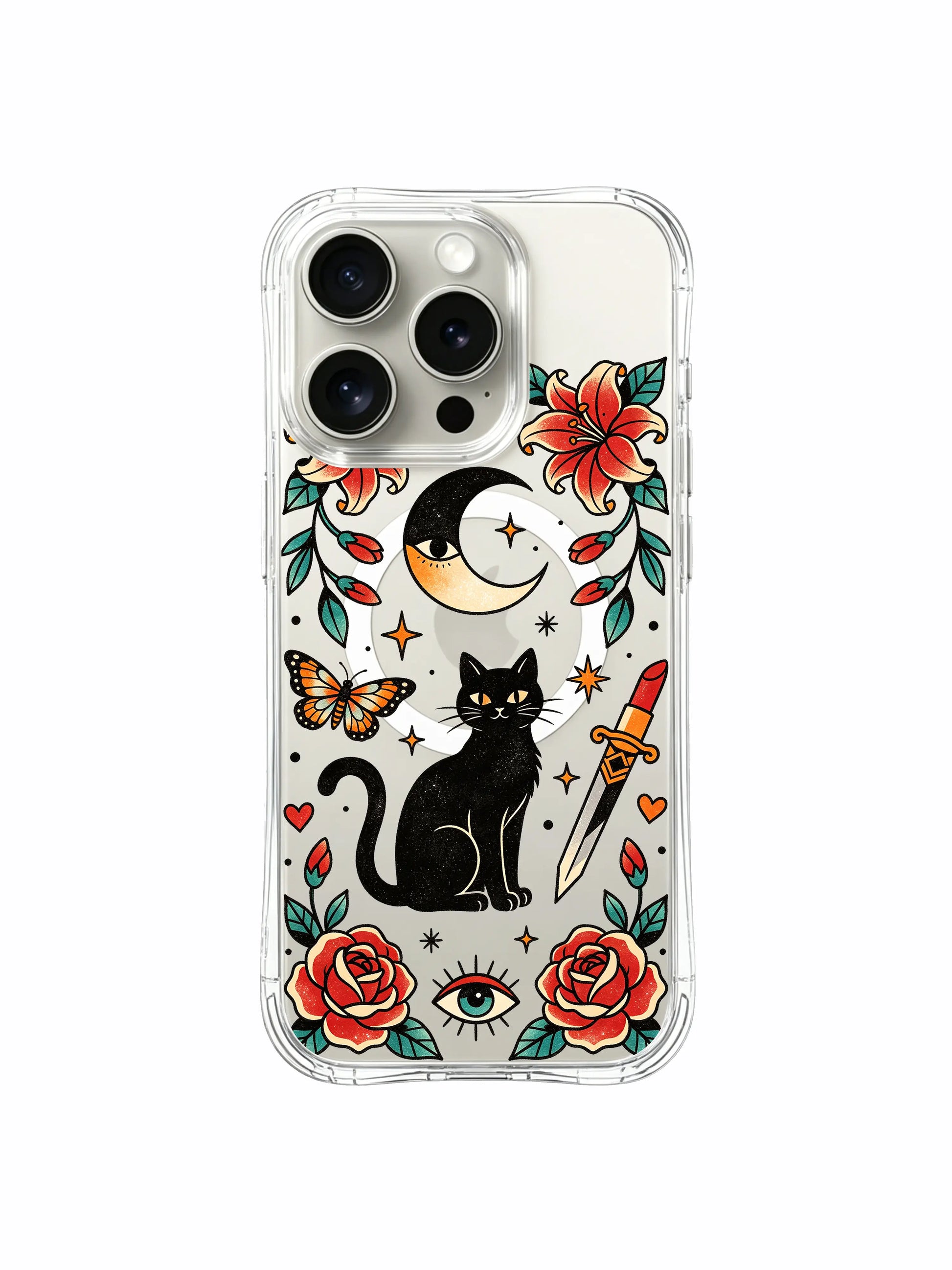 PhoneCasing iPhone 15 pro Case slanted angled dagger, paired upper butterflies, dual red roses and minimal heart detail, scratch-proof transparent iPhone 15 pro casing.