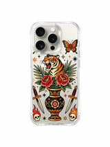 PhoneCasing iPhone 15 pro Case slanted angled dagger, paired upper butterflies, dual red roses and minimal skull detail, scratch-proof transparent iPhone 15 pro casing.