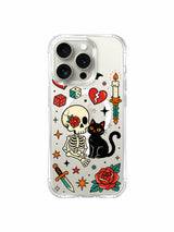 Skull and cat with dagger, dice, roses and stars artwork on an iPhone 15 Pro case