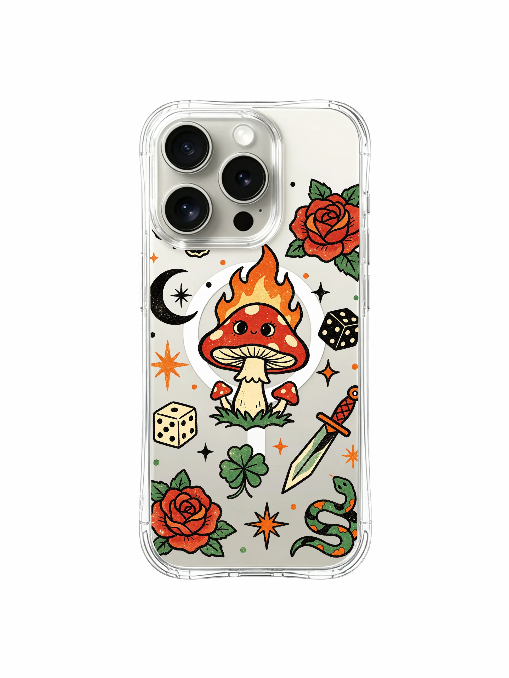 PhoneCasing iPhone 15 pro Case slanted angled dagger, upper placed skull, dual full bloom roses and striped snake, premium wearable art clear iPhone 15 pro casing.