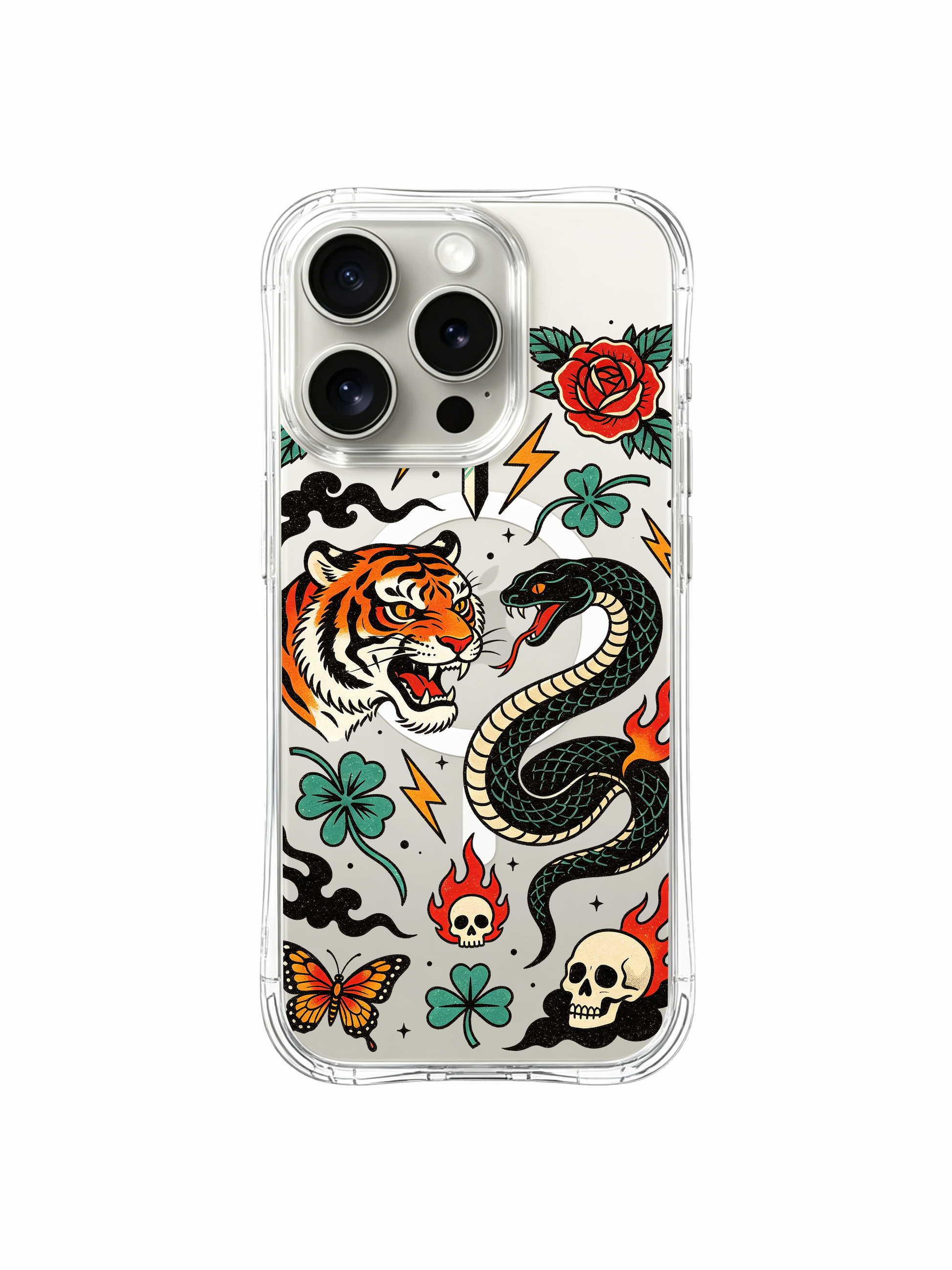 PhoneCasing iPhone 15 pro Case slanted vintage lightning bolt, offset monarch butterfly, bursting rose petals around balance-themed tiger-snake duel, scratch-proof transparent iPhone 15 pro casing.