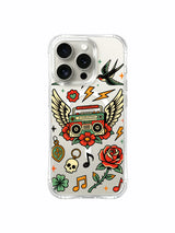 Vintage radio with lightning, swallows and roses artwork on an iPhone 15 Pro case