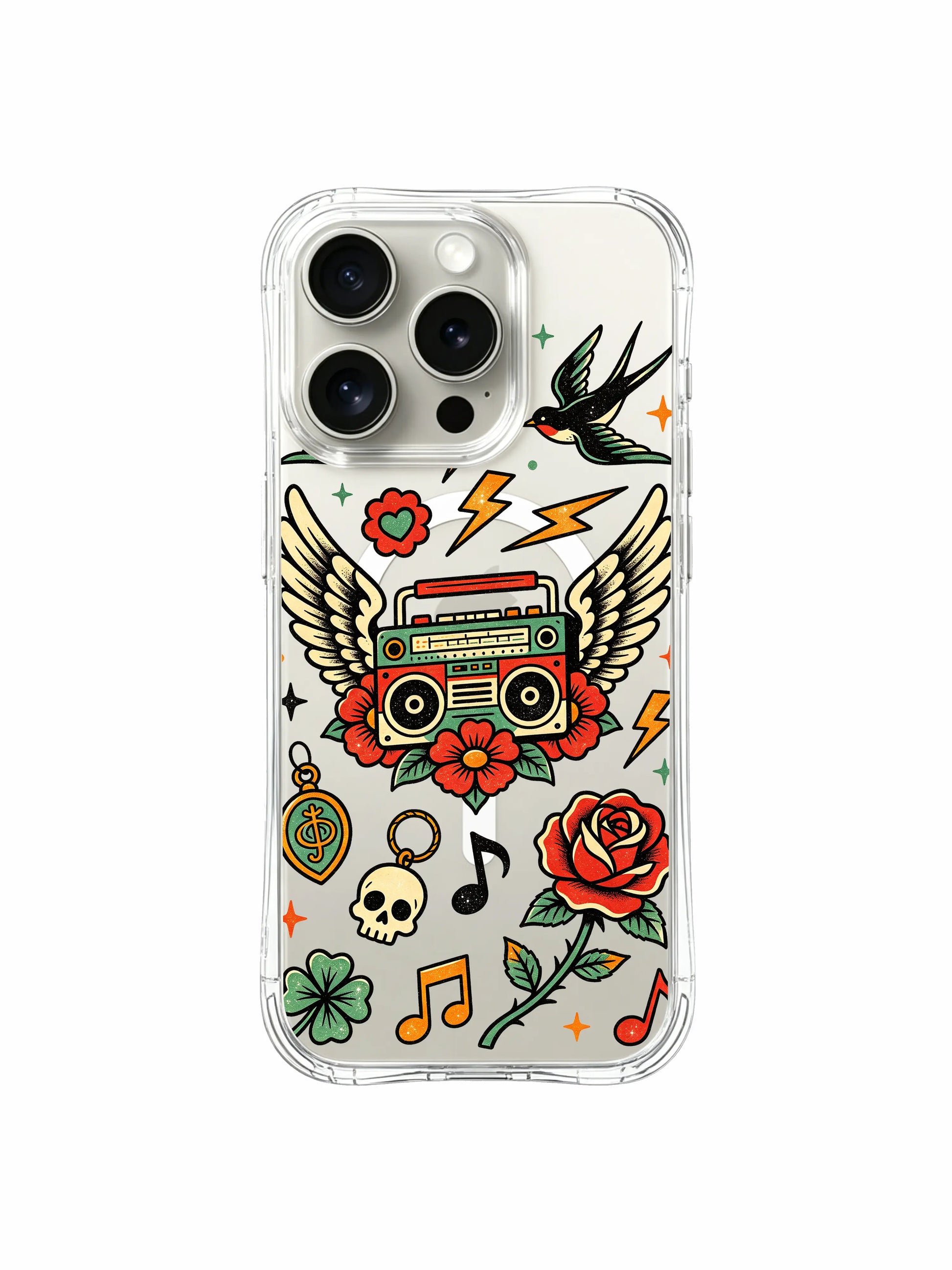 PhoneCasing iPhone 15 pro Case slanted angled lightning bolt, paired upper swallows, dual red roses and minimal heart detail, scratch-proof transparent iPhone 15 pro casing.