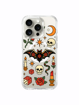 Black bat with lipstick motif, rose, petals and snake artwork on an iPhone 15 Pro case