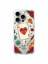 PhoneCasing iPhone 15 pro Case with left-slant queen crying heart card, left dagger, dual green clover and scattered star print, lightweight shockproof wearable art iPhone 15 pro casing.