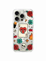 PhoneCasing iPhone 15 pro Case with slim placed ace heart card, top skull, side lipstick, clustered cherry and scattered clover, anti-fingerprint fine art iPhone 15 pro casing.