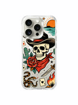 Cowboy skull with cactus, scroll, rose and flame artwork on an iPhone 15 Pro case