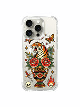 PhoneCasing iPhone 15 pro Case with tiny cartoon flame icon, zero skull print, single right dagger and full palm foliage, limited-edition Ruby Blackthorn art iPhone 15 pro casing.