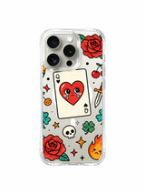 PhoneCasing iPhone 15 pro Case with tiny corner skull, centered queen heart card, surrounding red roses and cherry cluster, UV-printed custom printed luxury iPhone 15 pro casing.