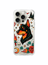 PhoneCasing iPhone 15 pro Case with side mini skull and flame accents around guardian doberman, exclusive artist designed protective phone casing printed locally.