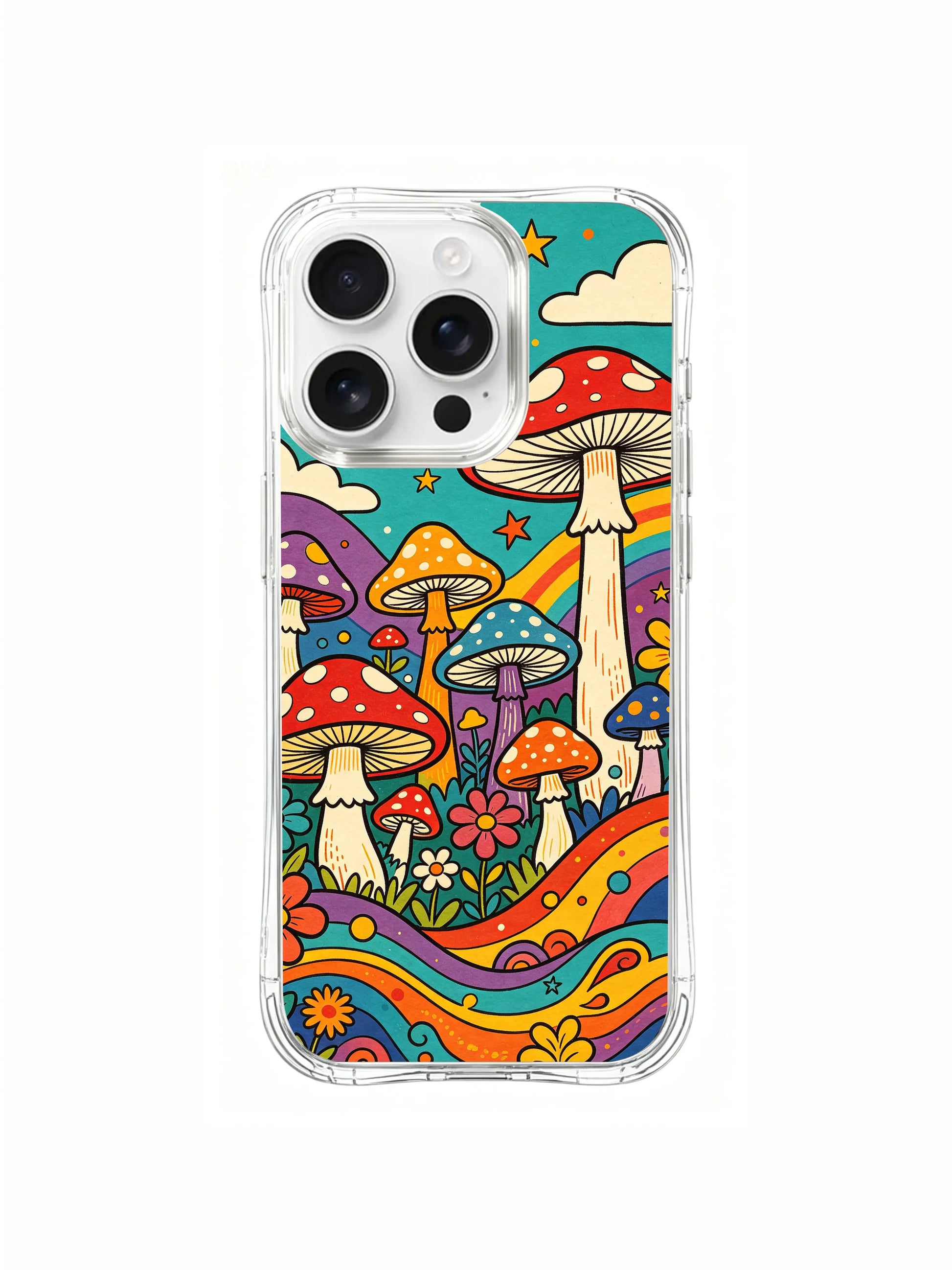 PhoneCasing iPhone 16 pro max Case, collectible fine art casing filled with tiny assorted spotted mushrooms nestled within vivid multi-color flower bedding, premium USA printed protective art casing