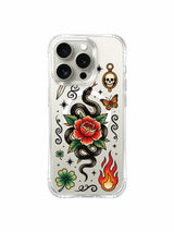 Rose-wrapped snake with stars and clover artwork on an iPhone 15 Pro case