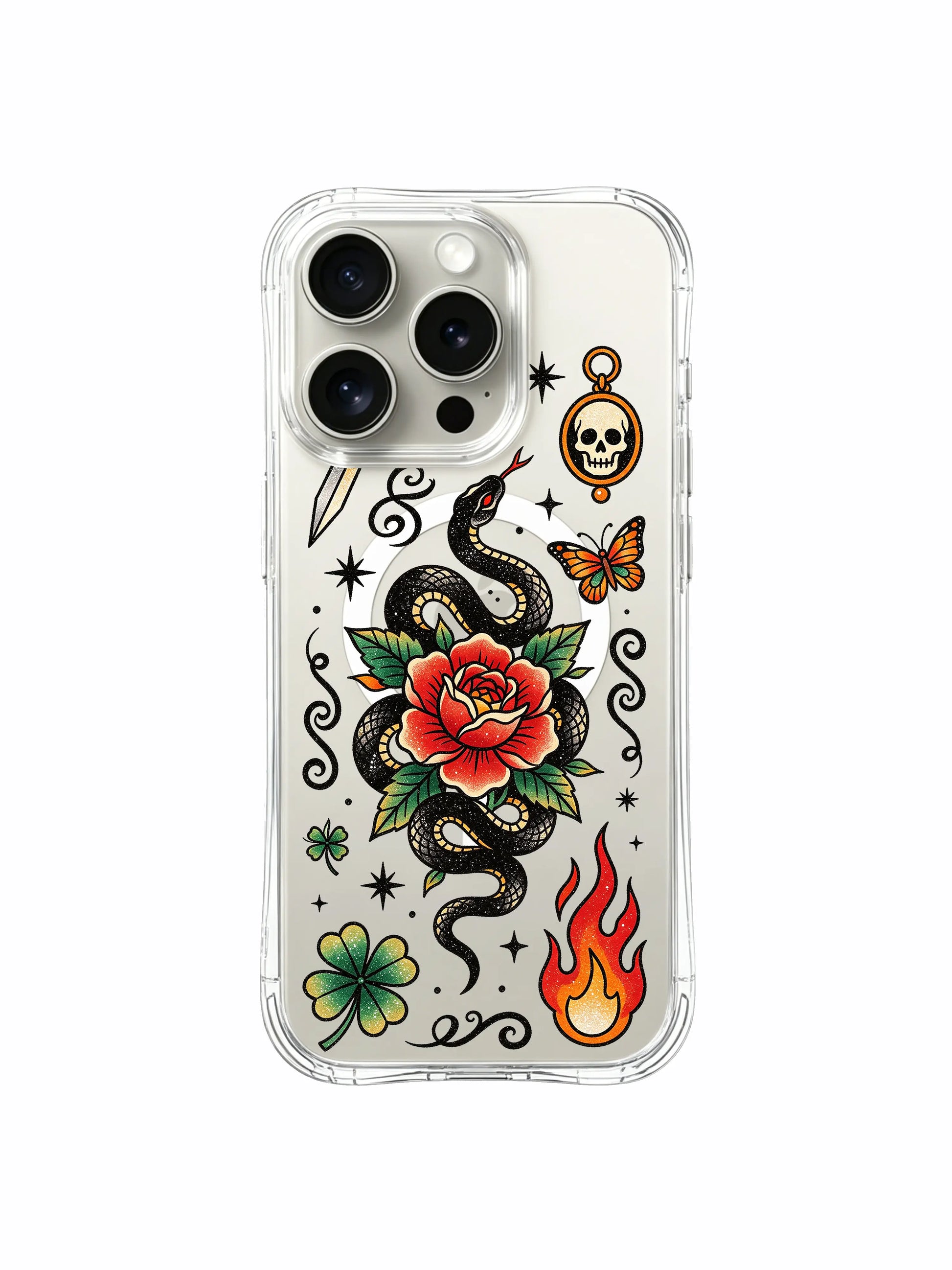 PhoneCasing iPhone 15 pro Case dotted with tiny scattered stars, green clover and full bloom rose wrapped serpent, fade-resistant printed luxury iPhone 15 pro casing.