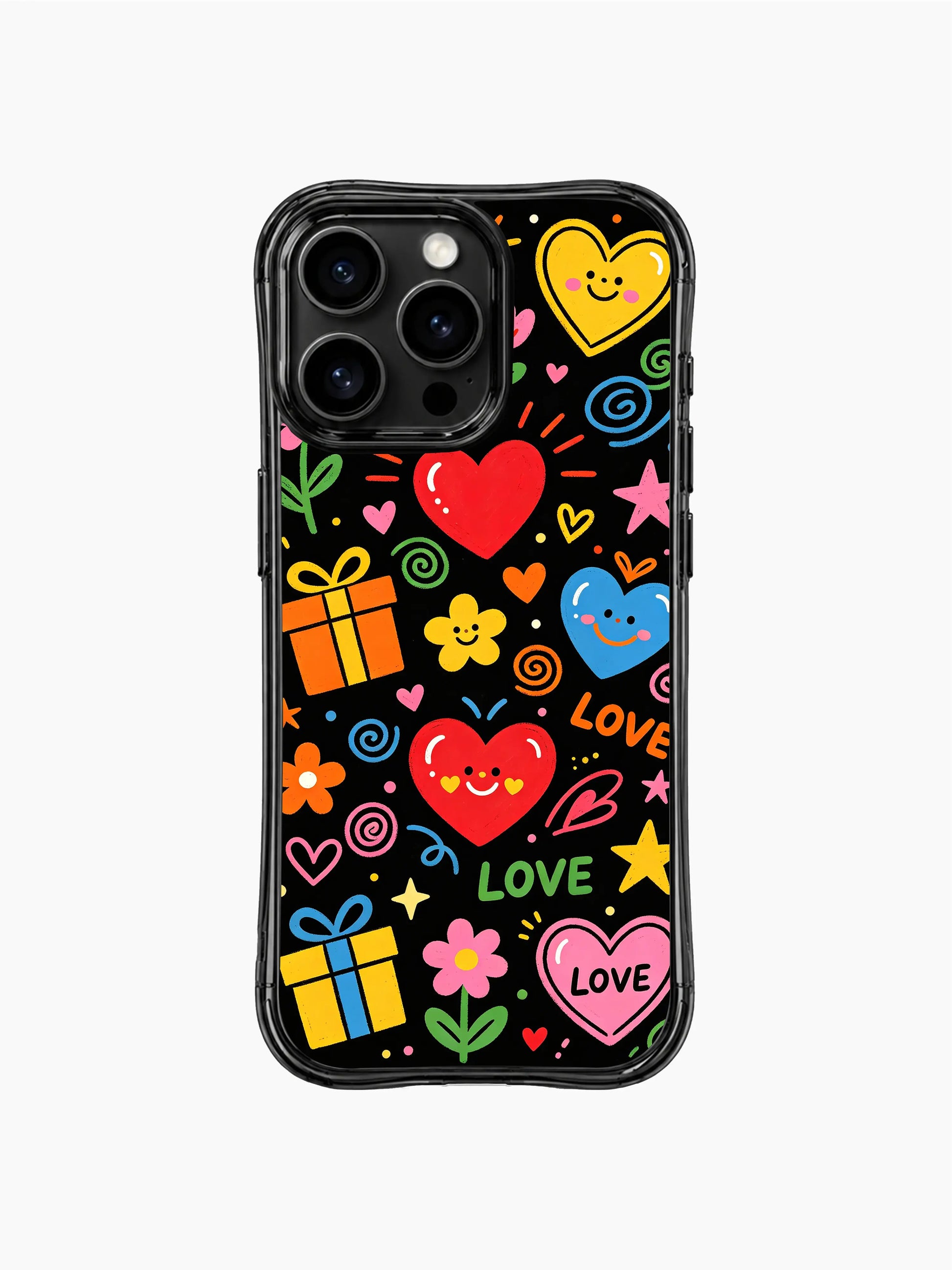 PhoneCasing iPhone 13 Pro Max case cute blush smiley faces on large focal hearts, assorted striped & polka dot gift parcels, complete daisy stem blooms, multi-tonal LOVE/KISS lettering on high contrast black canvas phone cover casing.