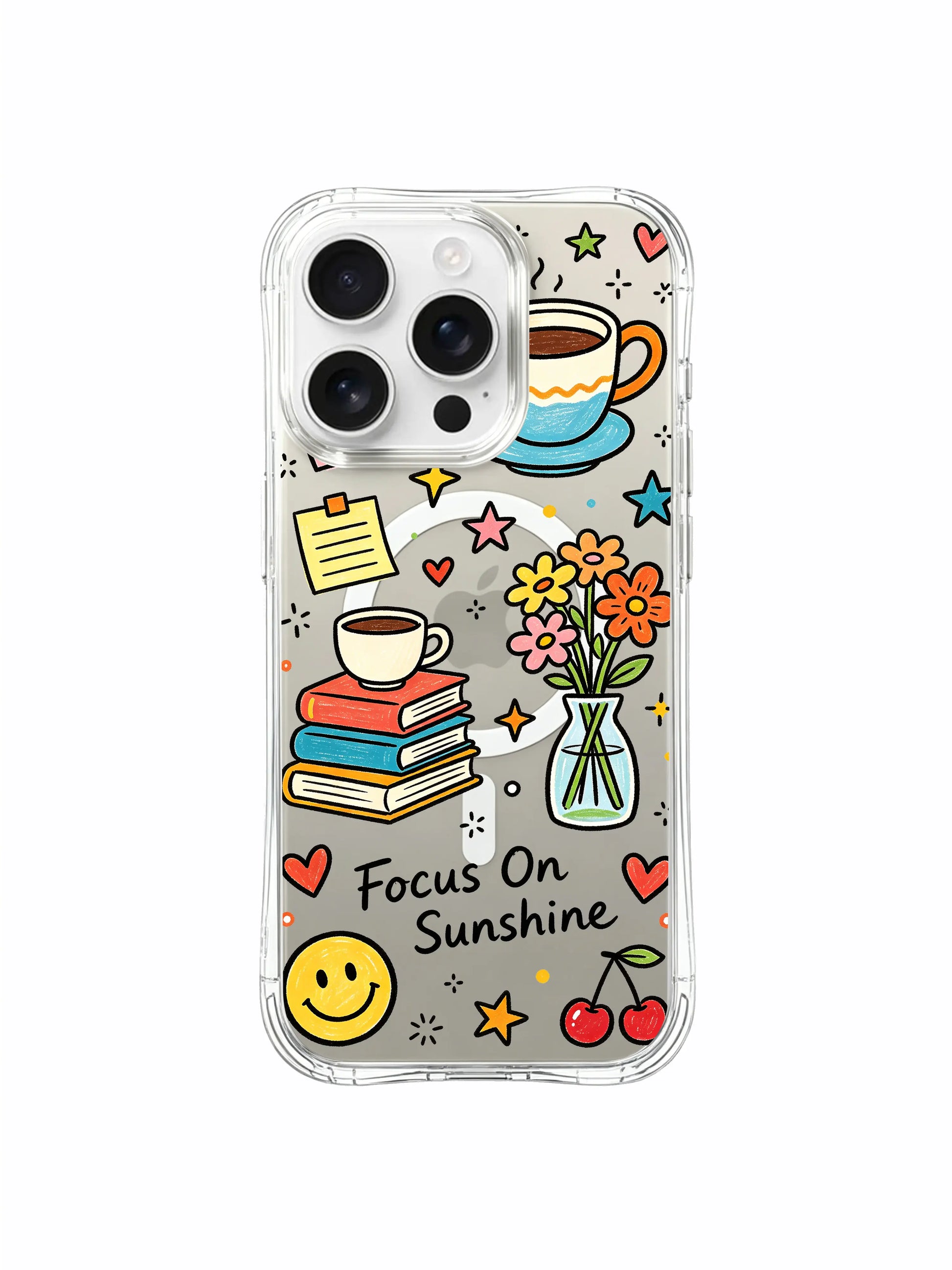 PhoneCasing iPhone 16 pro max gift-ready MagSafe case with smiley faces, book stacks, star accents and oversized heart uplifting doodles.