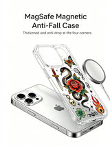 Snake and red rose with butterfly and flame skull artwork on an iPhone 15 Pro case