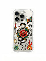 Black snake coiled around a red rose with dagger and skull artwork on an iPhone 15 Pro case