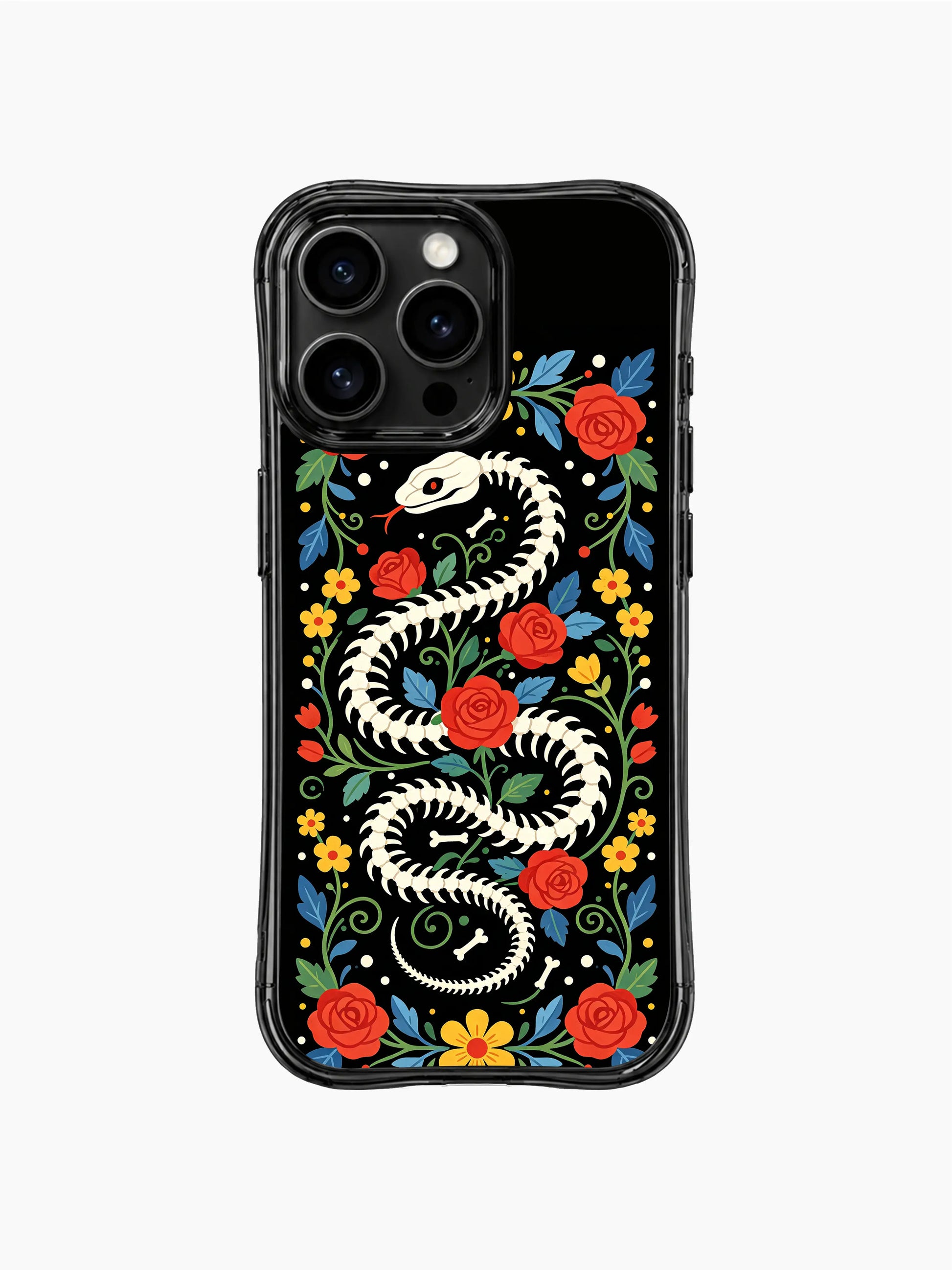 PhoneCasing iPhone 16 pro max Case with a bone snake skeleton framed by a border of red roses, yellow flowers and blue leaves, creating a symmetrical folk art design on iPhone 16 pro max casing.