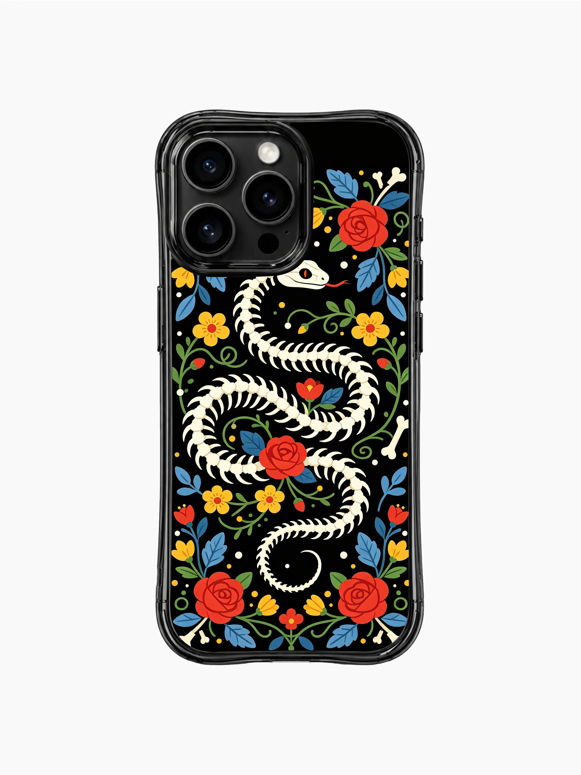 PhoneCasing iPhone 16 pro max Case with a bone snake skeleton coiled into a wreath, with red roses blooming between its vertebrae, surrounded by yellow flowers and blue leaves, whimsical folk design on iPhone 16 pro max casing.
