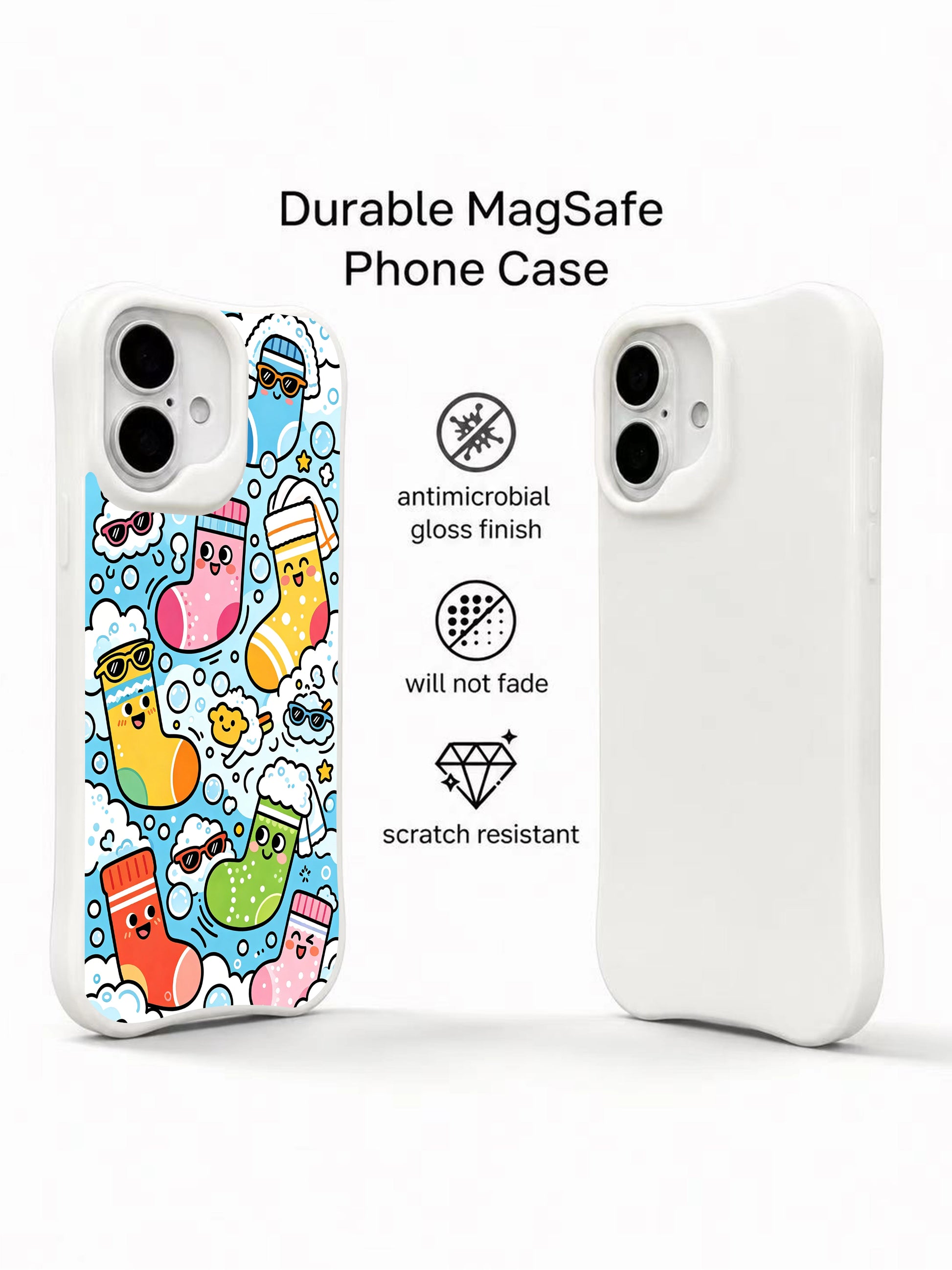 PhoneCasing sock monster wash machine iPhone 16 Plus Case, full-cover illustration from Milo Yun’s collection, locally made in California.