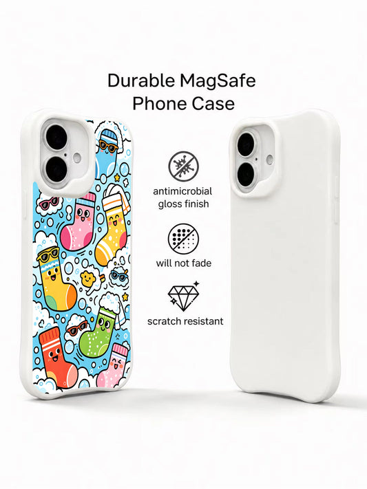 PhoneCasing sock monster wash machine iPhone 16 Plus Case, full-cover illustration from Milo Yun’s collection, locally made in California.