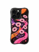 PhoneCasing iPhone 16 pro Case featuring moody worn vintage scratch grain dark grunge backdrop layered slow blended lavender orange fluid gradient ribbons and loose watercolor blush daisies with tiny hidden pink heart dot signals from Ruby Daze Soft Pink Flower Signal, wavy black frame premium art casing for iPhone 16 pro.