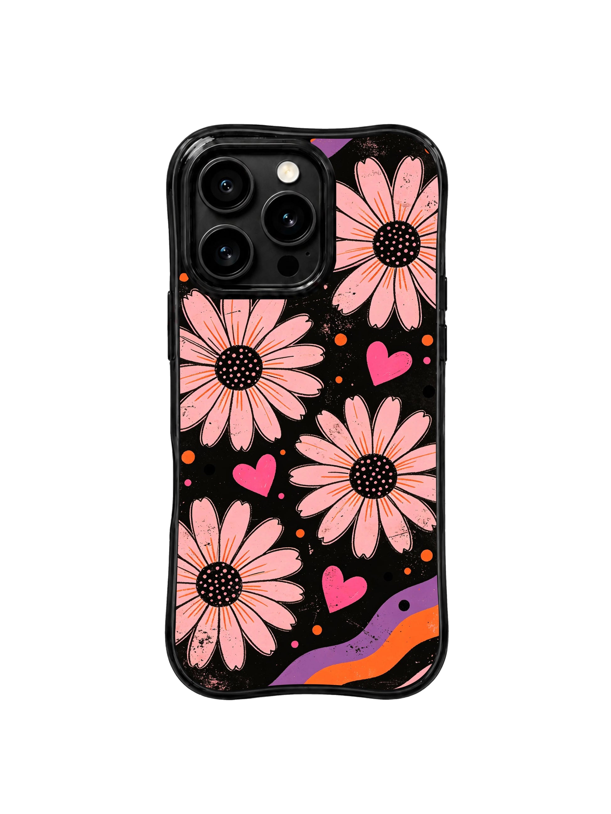 PhoneCasing iPhone 16 pro Case blending delicate pale floral tenderness and cool dark worn grunge texture via drifting blush daisy hidden heart dot signal motifs, Ruby Daze Soft Pink Flower Signal wavy design for daily moody casual wear.