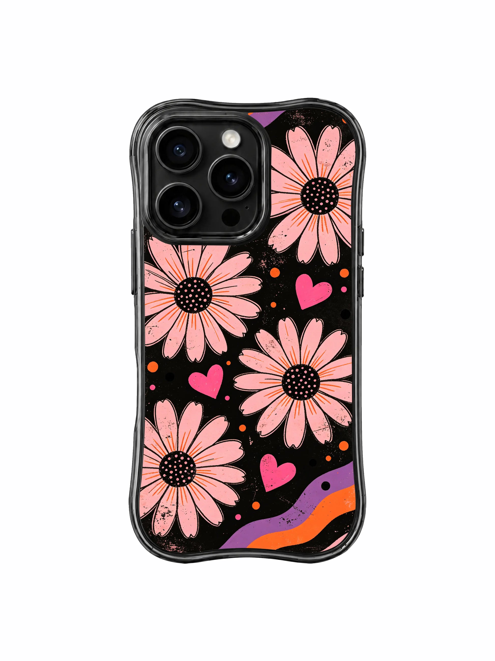 PhoneCasing iPhone 16 pro Case blending delicate pale floral tenderness and cool dark worn grunge texture via drifting blush daisy hidden heart dot signal motifs, Ruby Daze Soft Pink Flower Signal wavy design for daily moody casual wear.