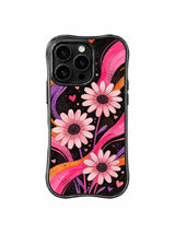 PhoneCasing iPhone 16 pro Case blending delicate pale floral tenderness and cool dark worn grunge texture via drifting blush daisy hidden heart dot signal motifs, Ruby Daze Soft Pink Flower Signal wavy design for daily moody casual wear.