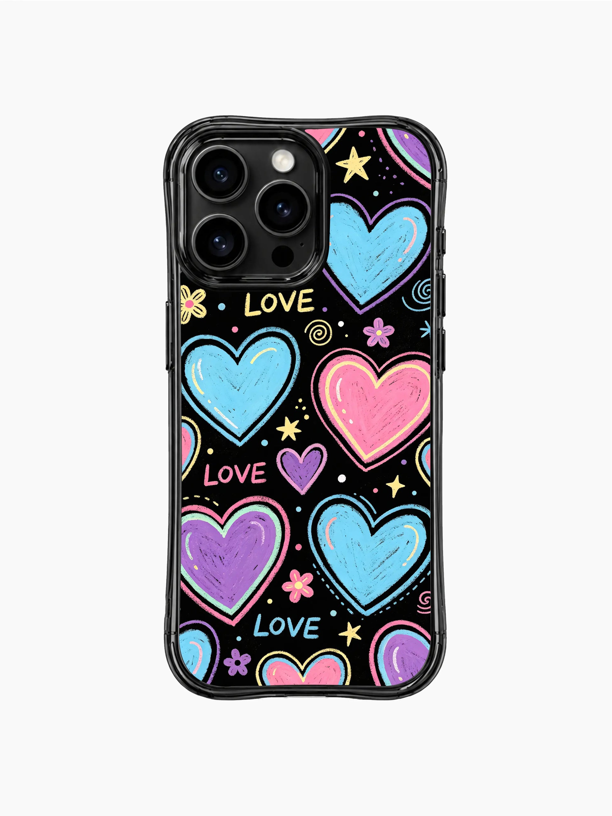 PhoneCasing iPhone 13 Pro Max case with textured chalk sketch bubblegum hearts, faint LOVE text scattered across dark background phone casing.