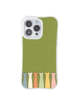 PhoneCasing iPhone 16 Pro Max featuring Soft Forest Cats, muted-toned kitties bringing a light, cheerful vibe to a calm green base.