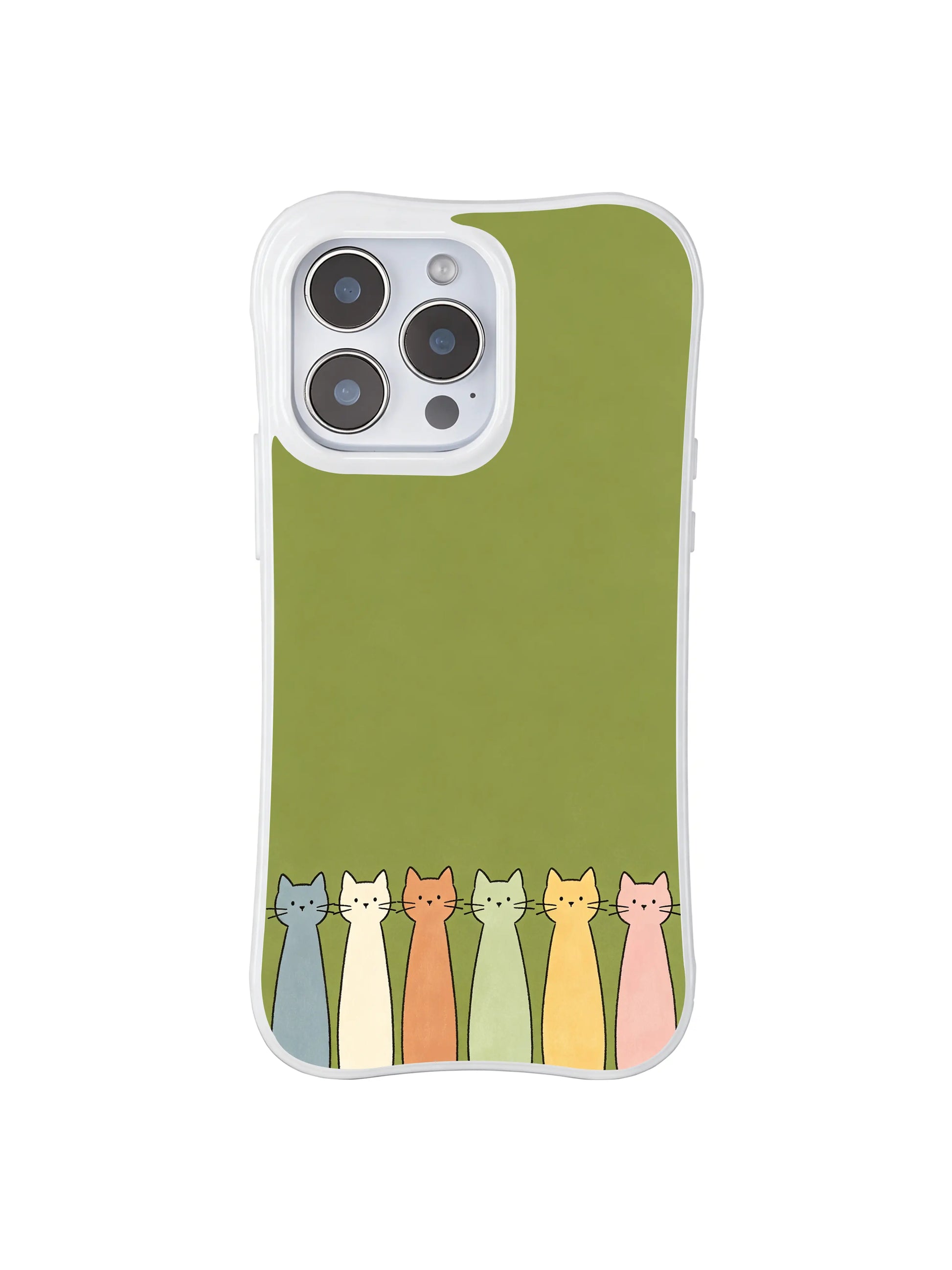 PhoneCasing iPhone 16 Pro Max featuring Soft Forest Cats, muted-toned kitties bringing a light, cheerful vibe to a calm green base.