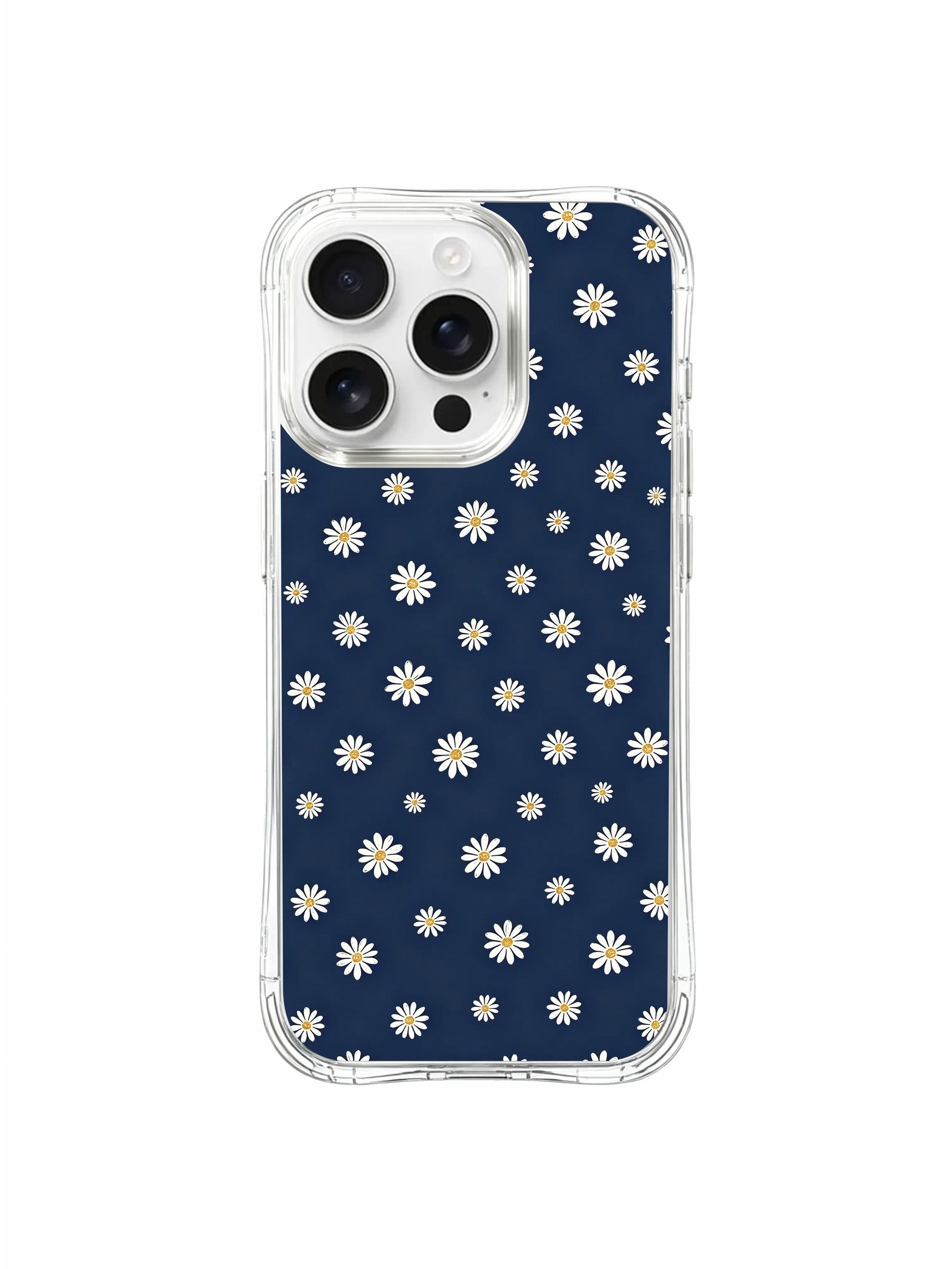 PhoneCasing iPhone 16 Pro Max Case with Soft Glow Daisies pattern, small blooms scattered on deep blue that feel like gentle light in the dark.